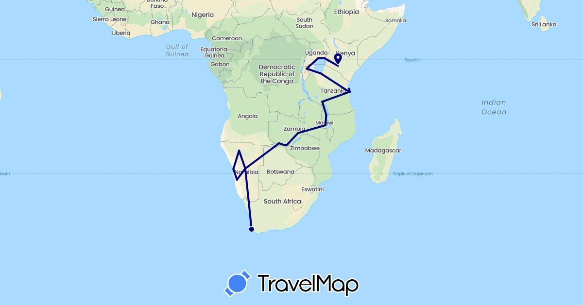 TravelMap itinerary: driving in Botswana, Kenya, Malawi, Namibia, Rwanda, Tanzania, Uganda, South Africa, Zambia, Zimbabwe (Africa)